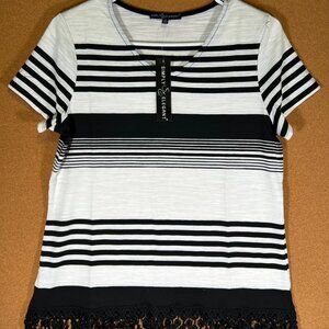 Simply Elegant Blouse White/Black with Black Lace Bottom V Neck Medium Women NWT